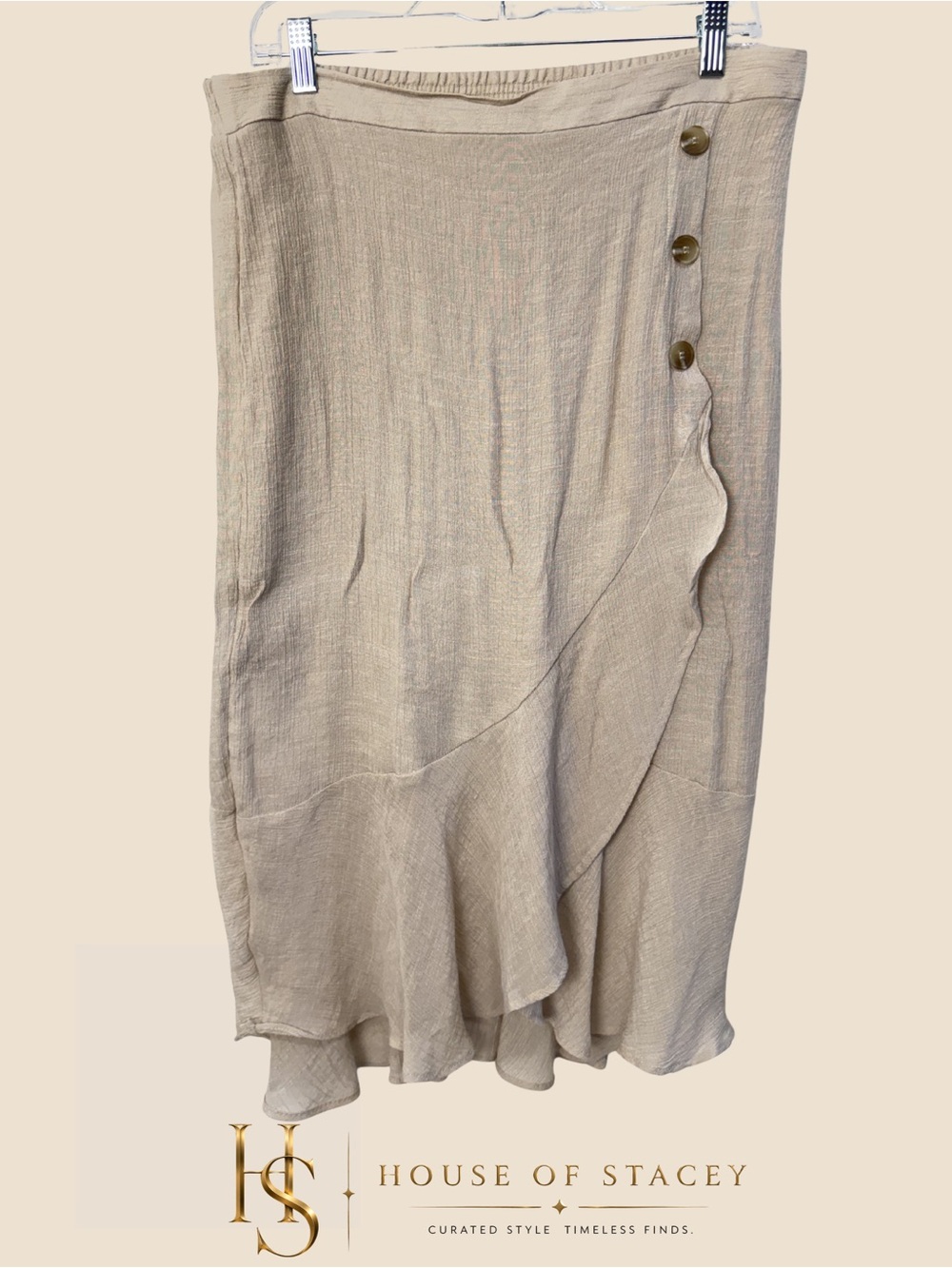 Beige Ruffle Wrap Midi Skirt Boho Neutral Flowy Skirt XL